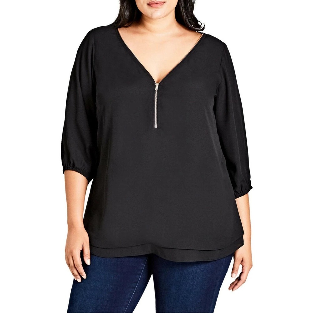 City Chic Women's S 16 Black Zip Front Tunic Blouse Polyester